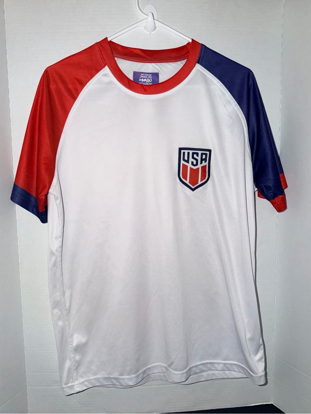 USA Short-Sleeve Raglan Crew Neck Jersey in White with Red & Blue Sleeves
